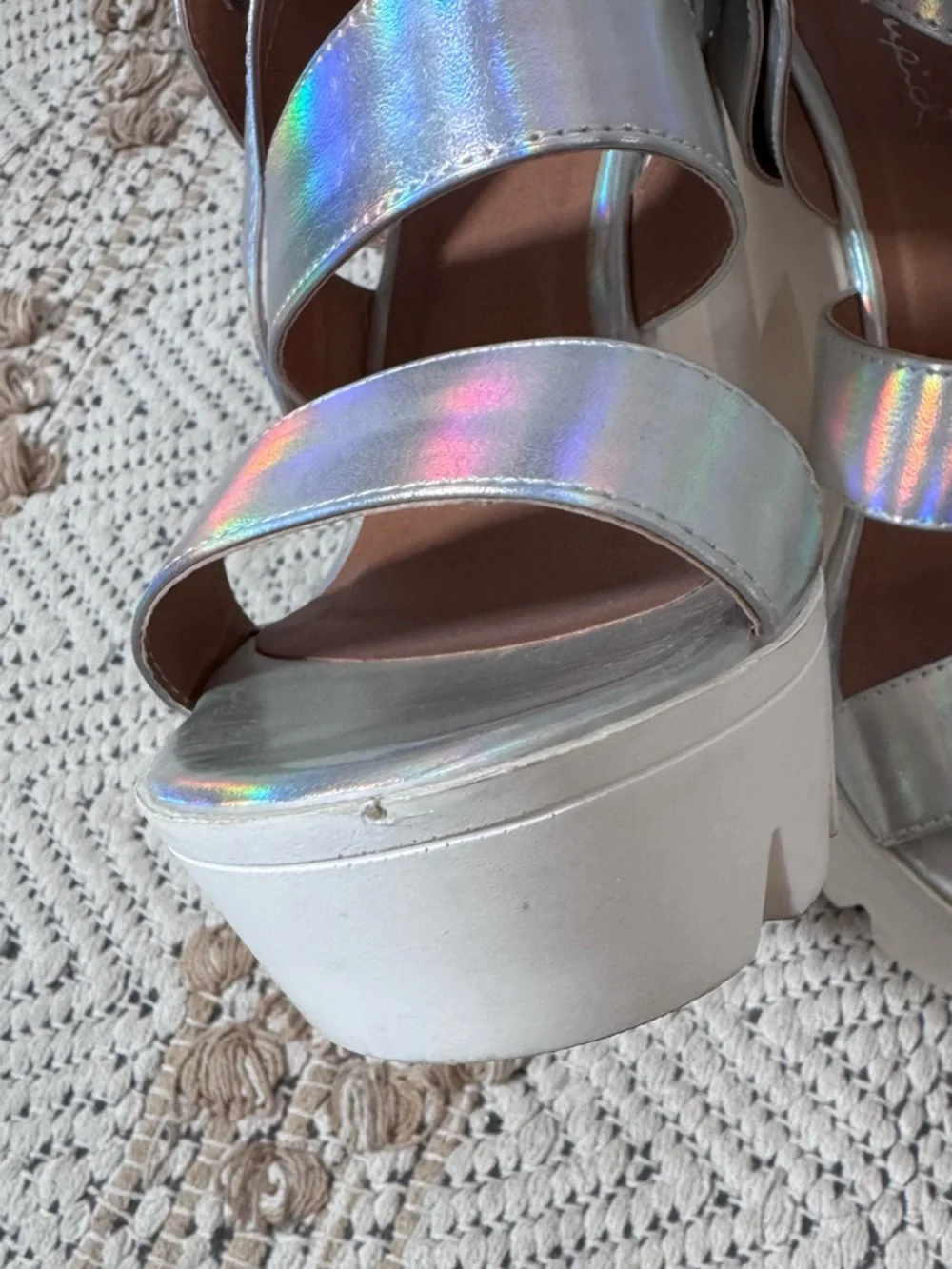 Qupid Holographic Silver White Chunky Platform Sandals Heels
